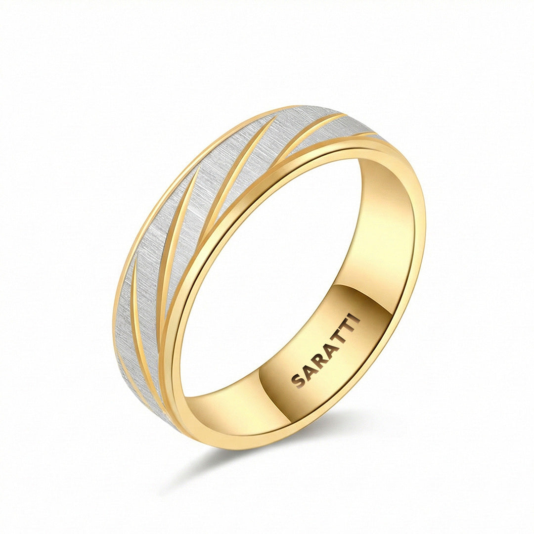 Axis vector men’s wedding band 18k yellow and white gold swirl design | SARATTI