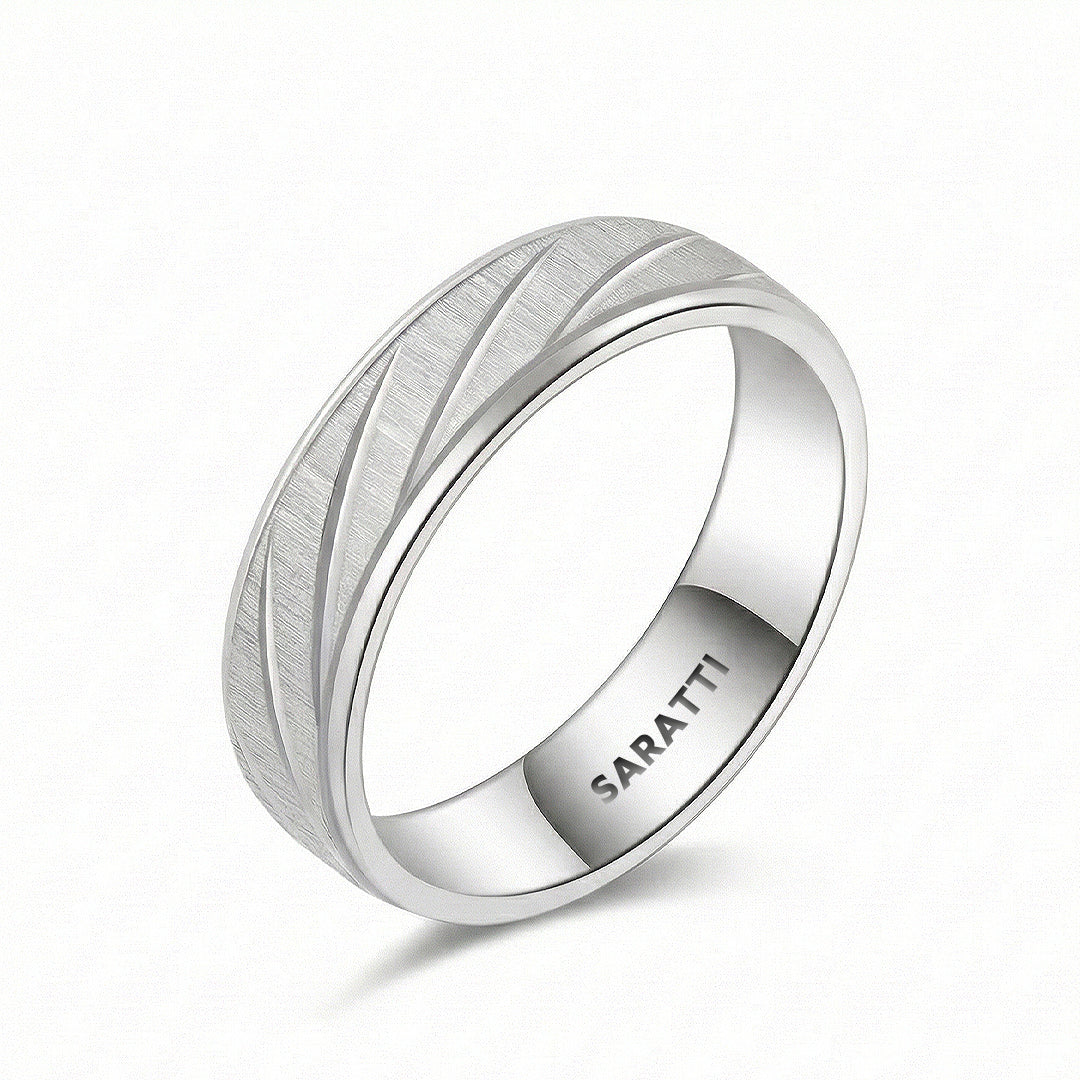 Axis vector men’s wedding band platinum swirl design brushed center | SARATTI