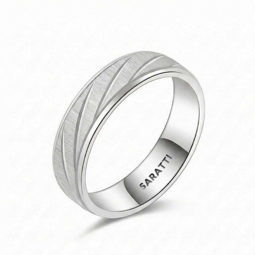 Axis vector men’s wedding band platinum swirl design brushed center | SARATTI