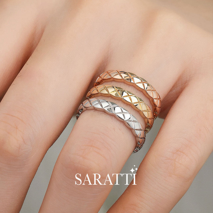 Stacked Plain Hot Cross Diamond Eternity Bands on Model's ring finger| Saratti