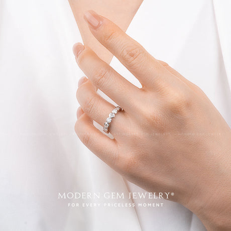 Classic Half Eternity Bezel Set Diamond Wedding Ring on Female Finger | Modern Gem Jewelry | Saratti