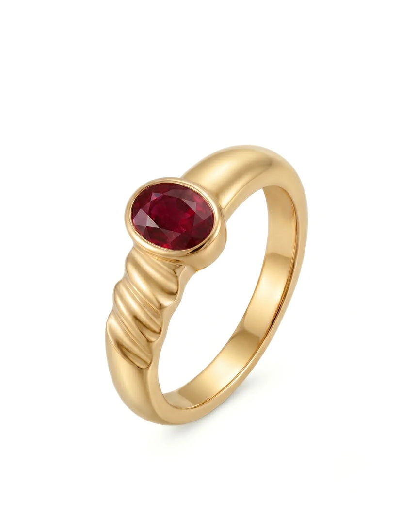 Bezel set oval natural ruby solitaire ring in 18K yellow gold with wave band | SARATTI