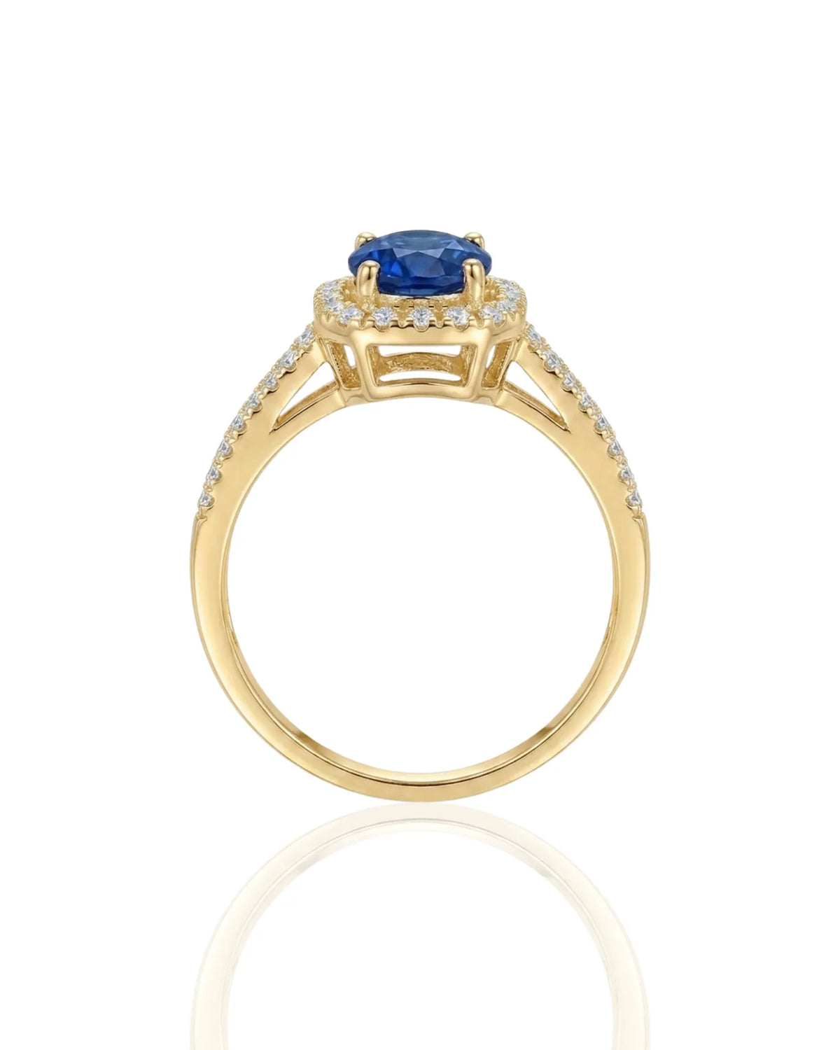 Bleu Royale sapphire ring with modern split shank diamond design in 18K yellow gold | SARATTI