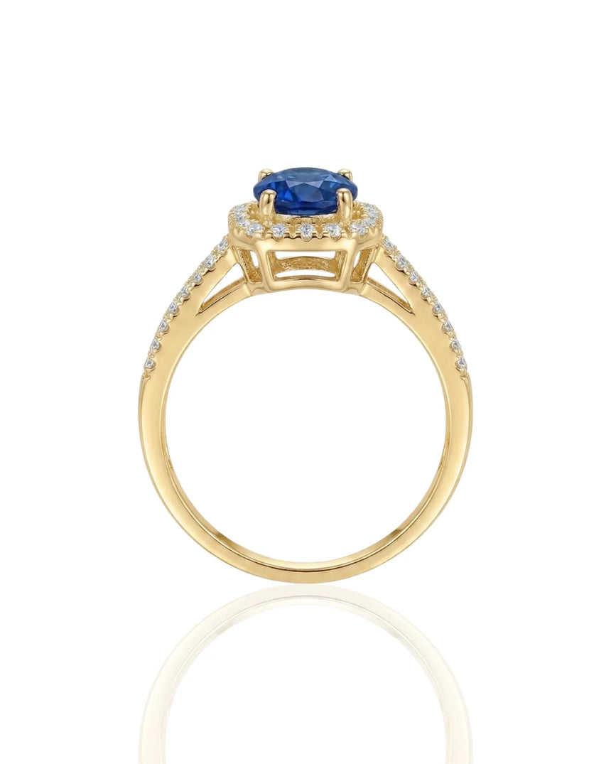 Bleu Royale sapphire ring with modern split shank diamond design in 18K yellow gold | SARATTI