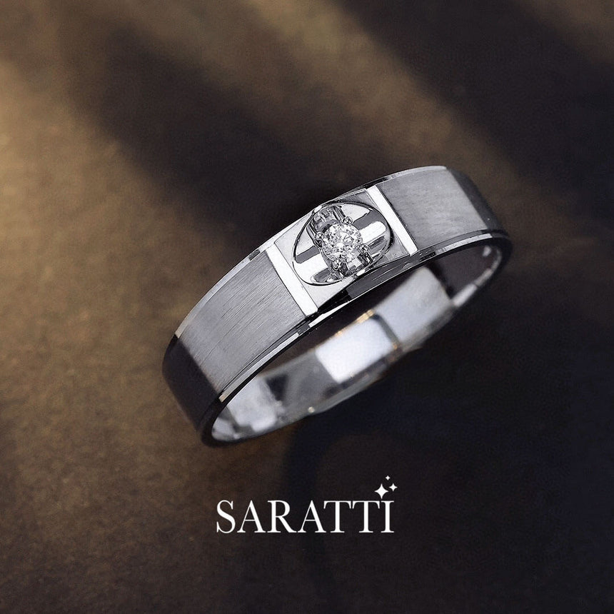 White Gold Prong Set Mandorla Diamond Solitaire Ring for Men | Saratti