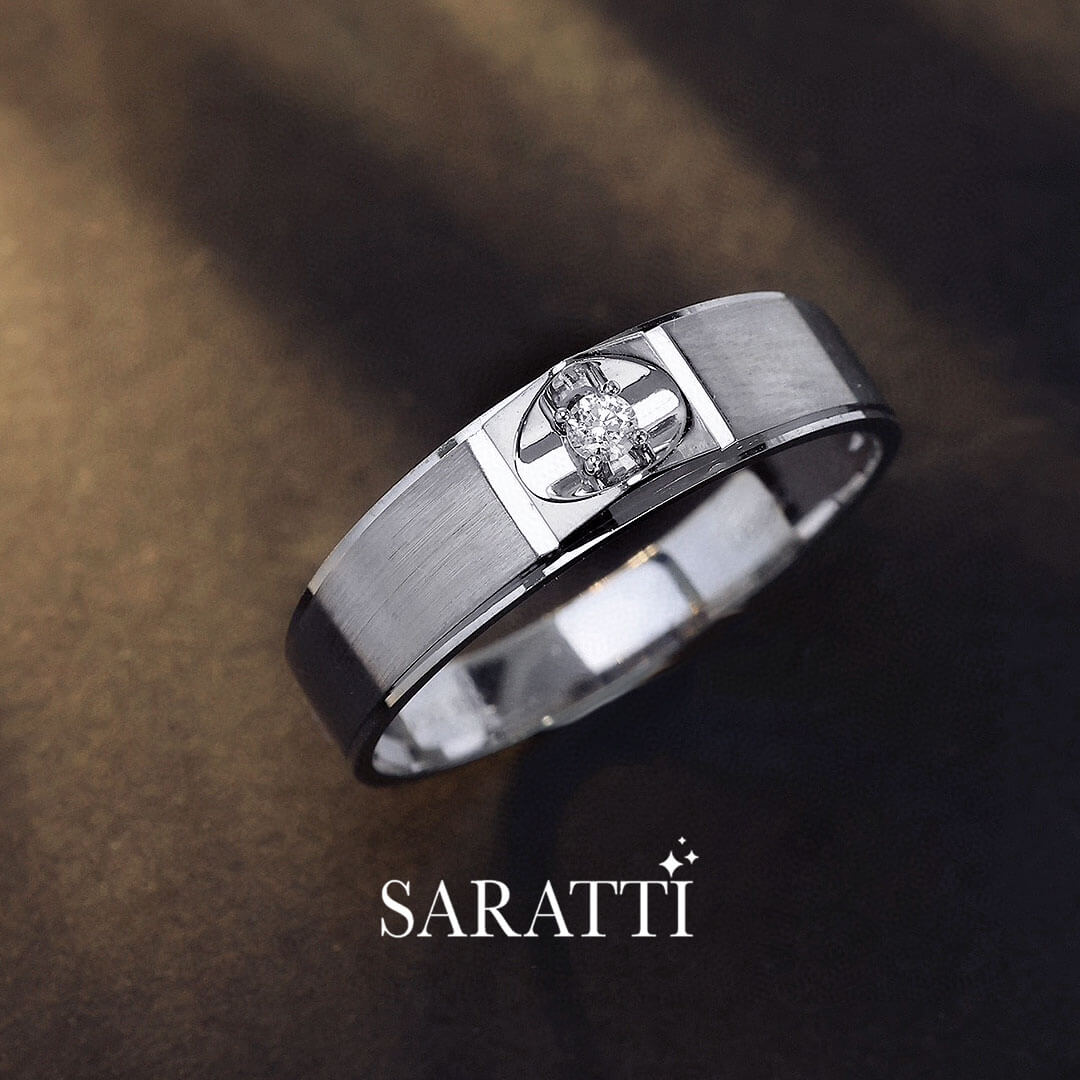 White Gold Prong Set Mandorla Diamond Solitaire Ring for Men | Saratti 