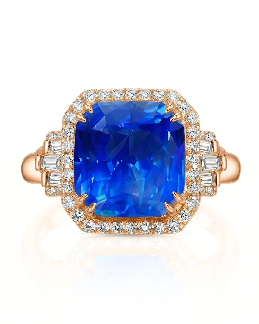Blue cushion sapphire ring with round and baguette diamonds in 18K rose gold | SARATTI