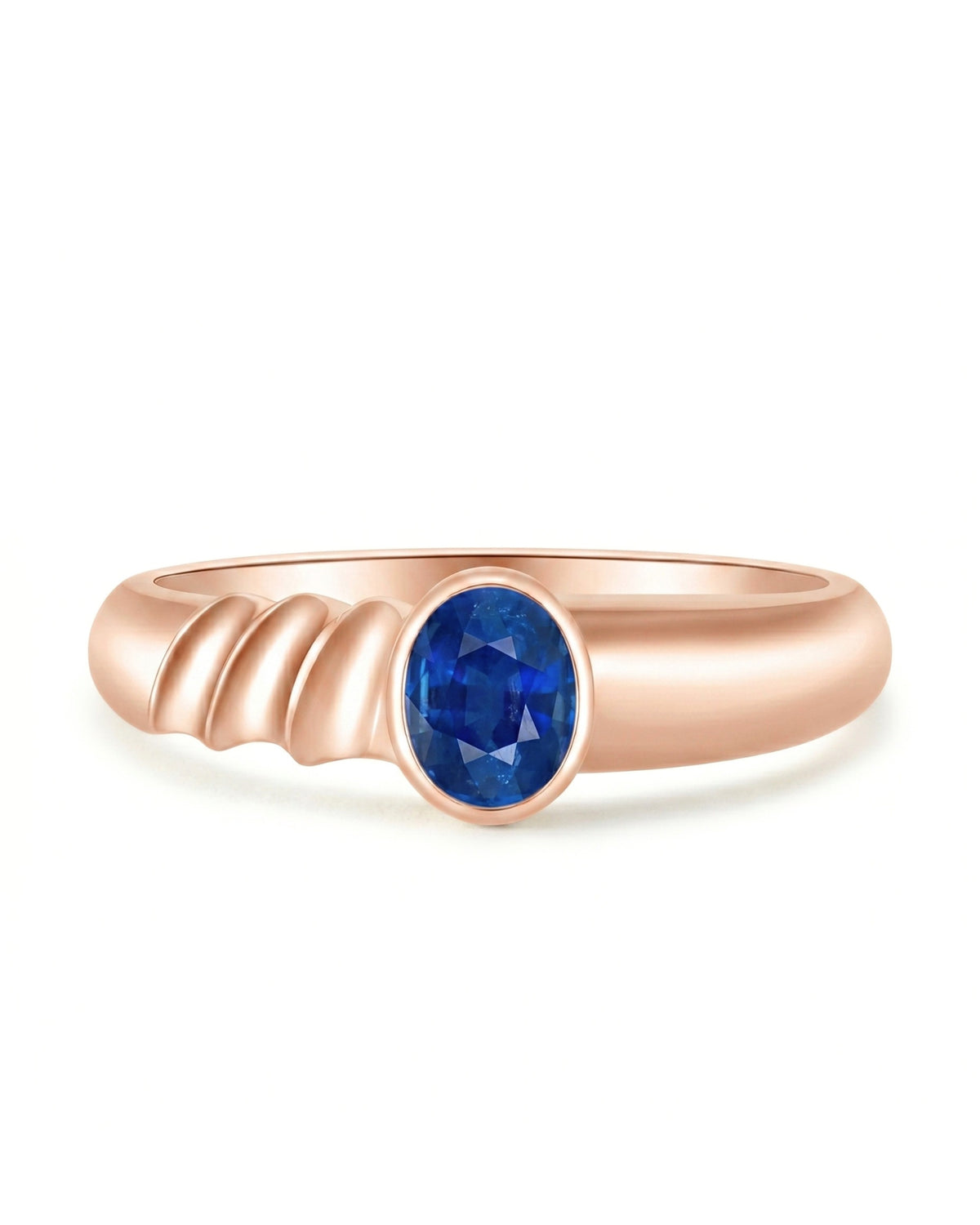 Blue oval natural sapphire ring in smooth bezel set 18K Rose Gold design | SARATTI