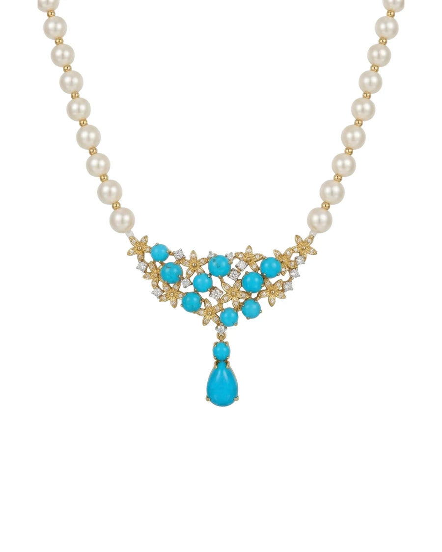 Blue pine gemstone necklace with Akoya baby pearls and 0.23ct diamonds in 18K yellow gold - SARATTI