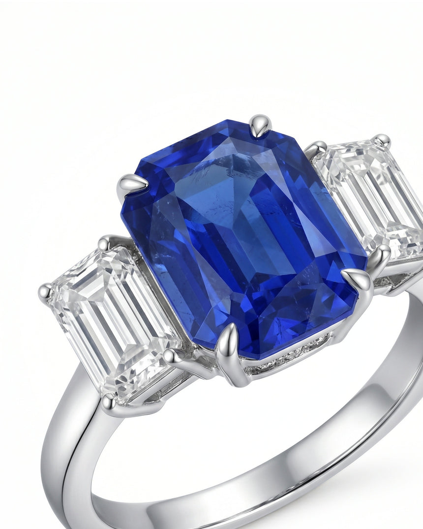 Blue sapphire and diamond engagement ring in 18K white gold for meaningful gifting | SARATTI