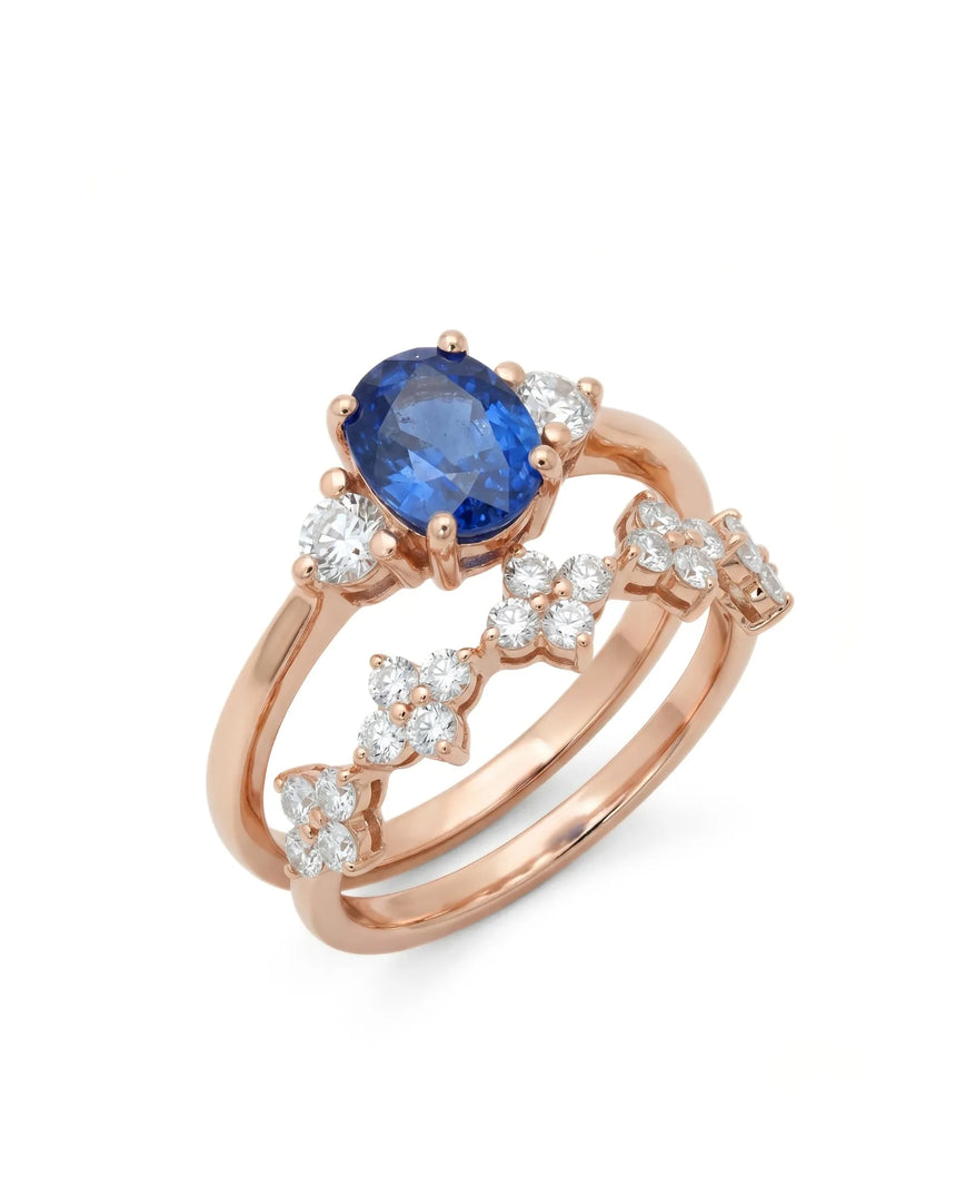 Blue sapphire and diamond wedding set with curved band in 18K rose gold | SARATTI
