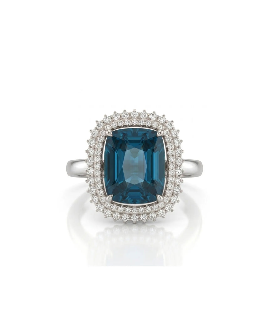 Blue tourmaline engagement ring with double diamond halo in refined polished platinum | SARATTI
