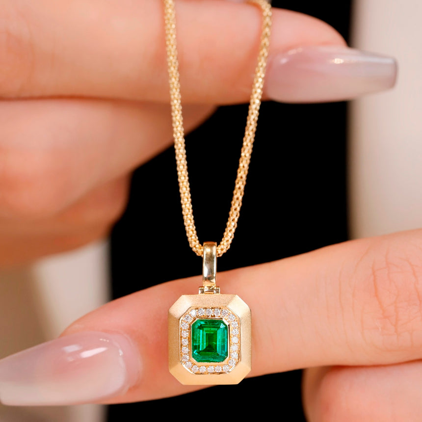 Royal Prism: Natural Emerald Diamond Halo Pendant in 18K Yellow Gold
