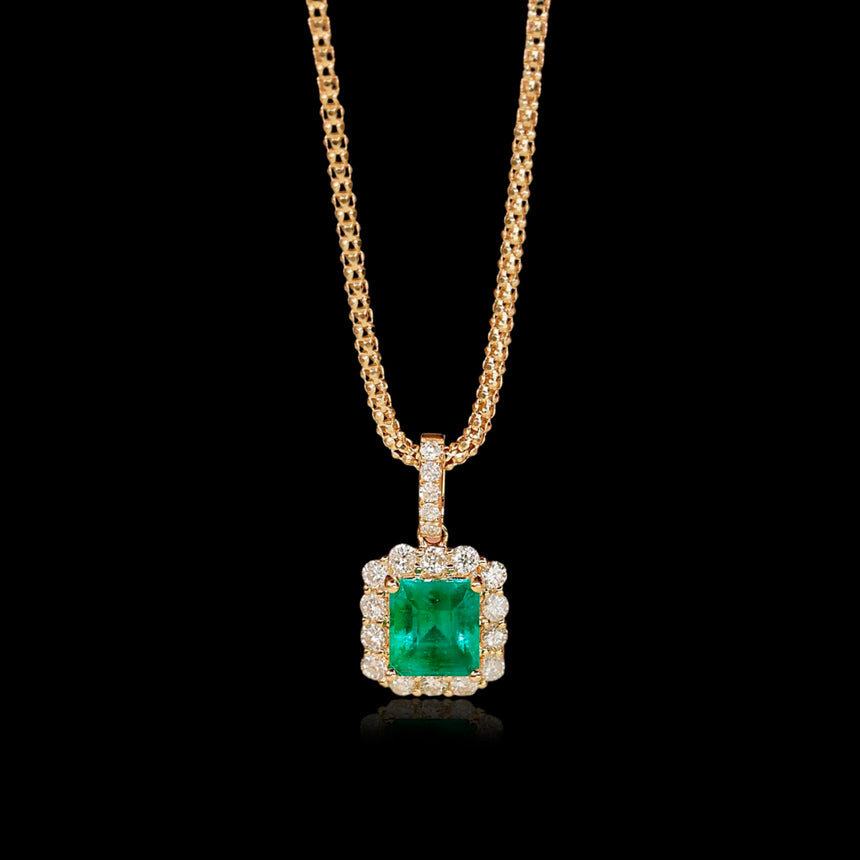 Imperial Oasis: Afghan Natural Emerald Diamond Halo Pendant