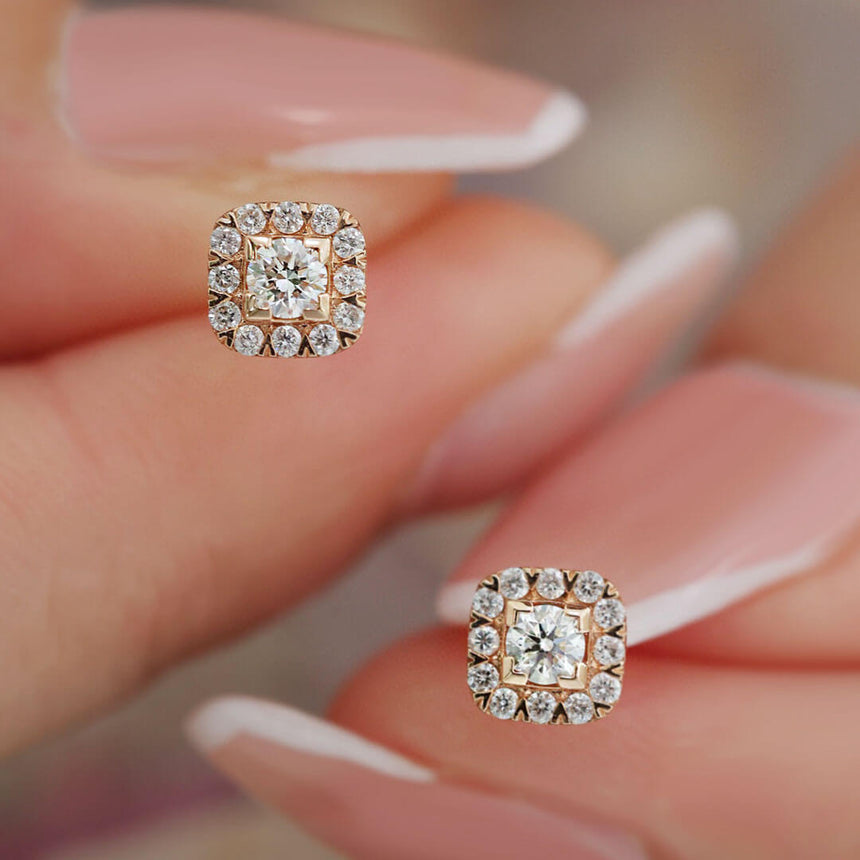 Square Shaped Tiny Round Diamond Stud Earrings in Model's Fingers | Saratti | Custom High and Fine Jewelry