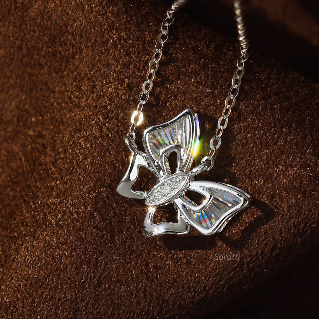Two Tone White Gold 18K Gold Natural Diamond Butterfly Necklace | Saratti