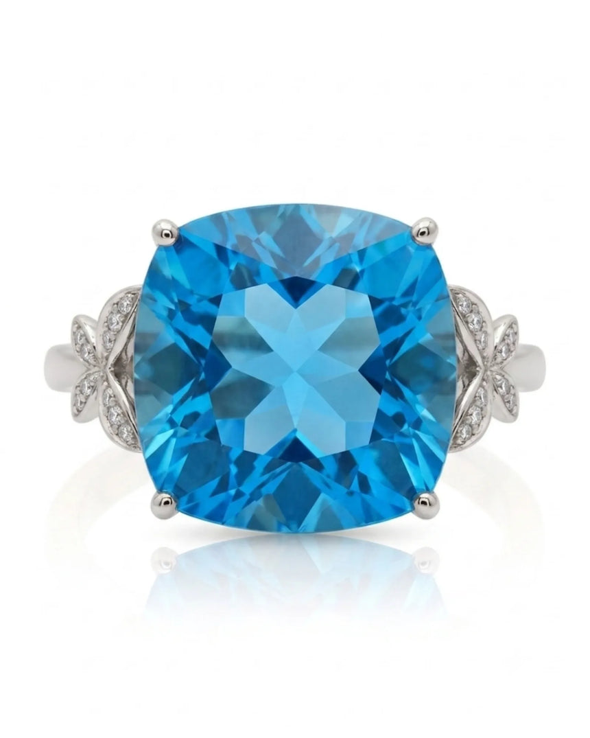 Butterfly motif topaz ring with open gallery and diamond accents in 18K white gold | SARATTI
