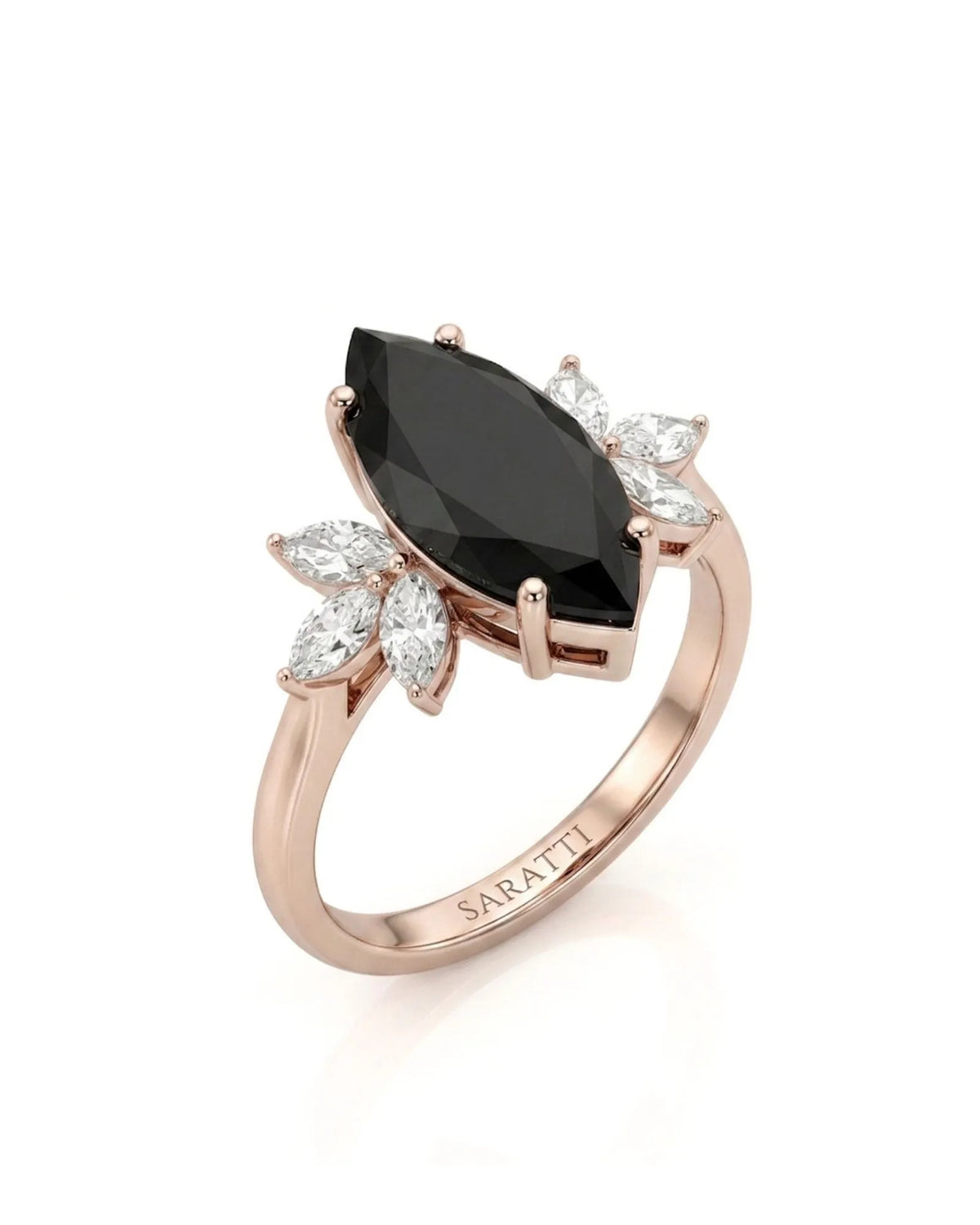 Butterfly vintage-inspired natural black marquise diamond ring 45-degree view in 18K rose gold | SARATTI