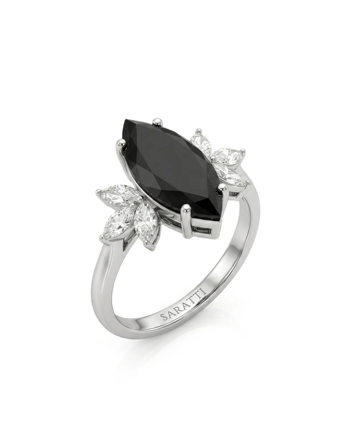Butterfly vintage-inspired natural black marquise diamond ring 45-degree view in 18K white gold | SARATTI