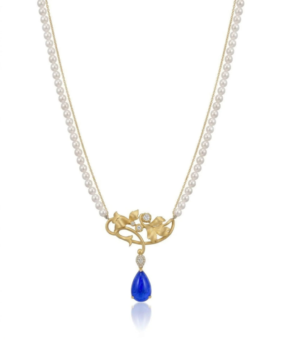 CELÉSTE tanzanite pearl necklace with teardrop blue gemstone, Akoya pearls and sculpted 18K gold detail | SARATTI