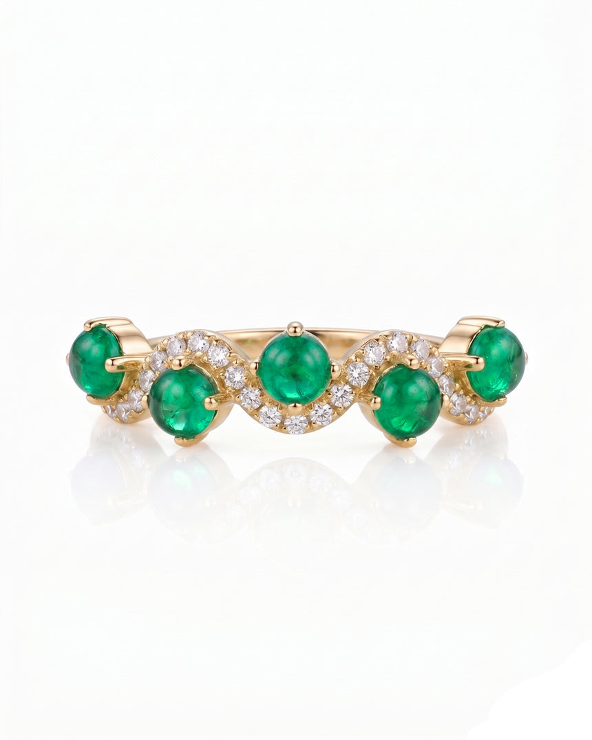 Cabochon emerald diamond ring with flowing design in 18K Yellow Gold | SARATTI