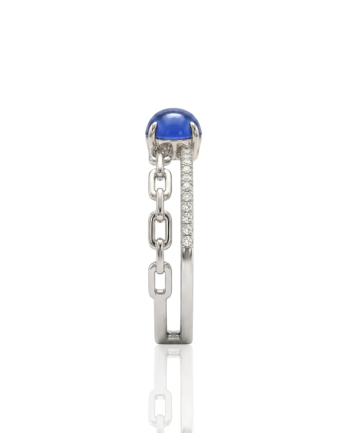 Cabochon sapphire chain duo ring with round diamond accents in 18K white gold | SARATTI