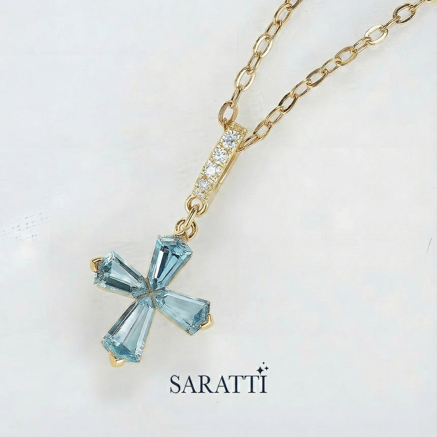 Celestial Cross Aquamarine Necklace in 18K Yellow Gold - SARATTI