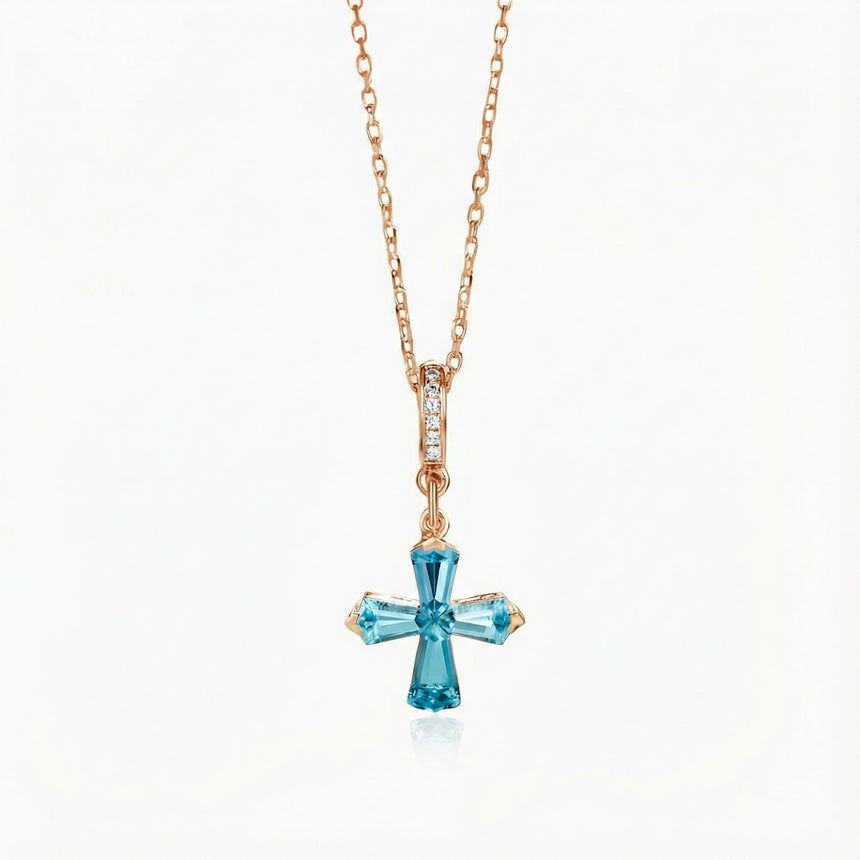 Celestial Cross Aquamarine Pendant in 18K Rose Gold | SARATTI