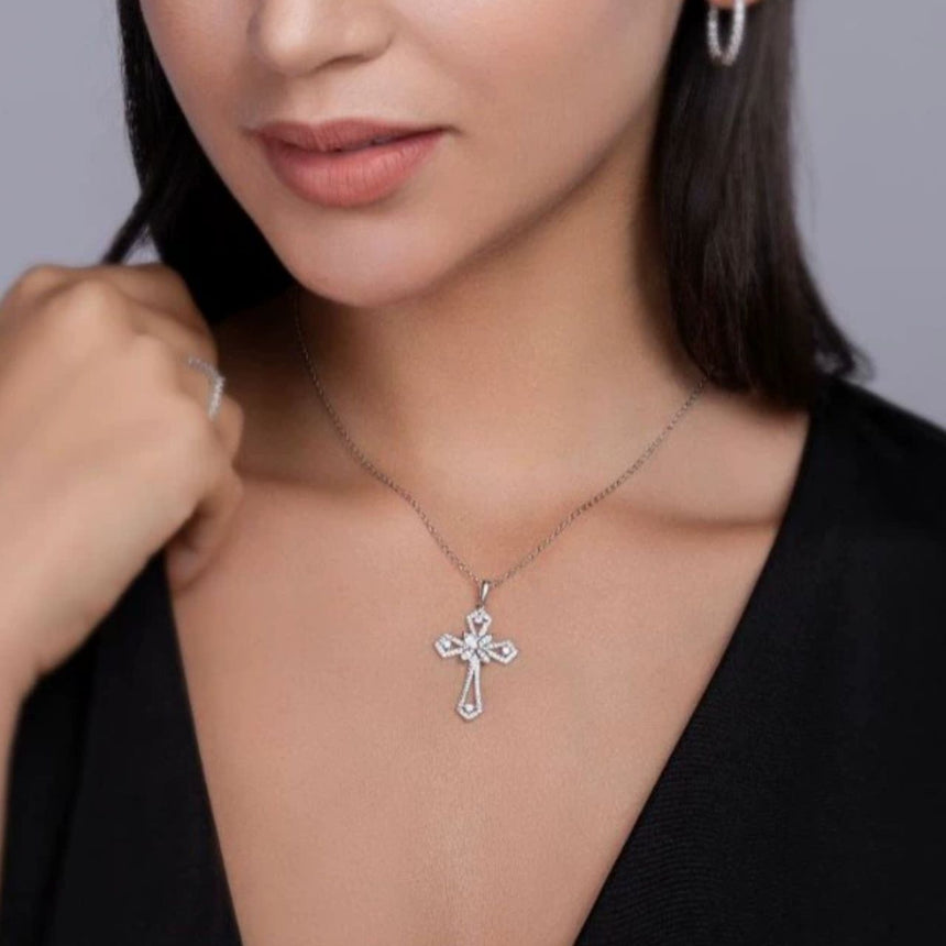 Sacred Ascent: Intricate Silver Moissanite Cross Pendant