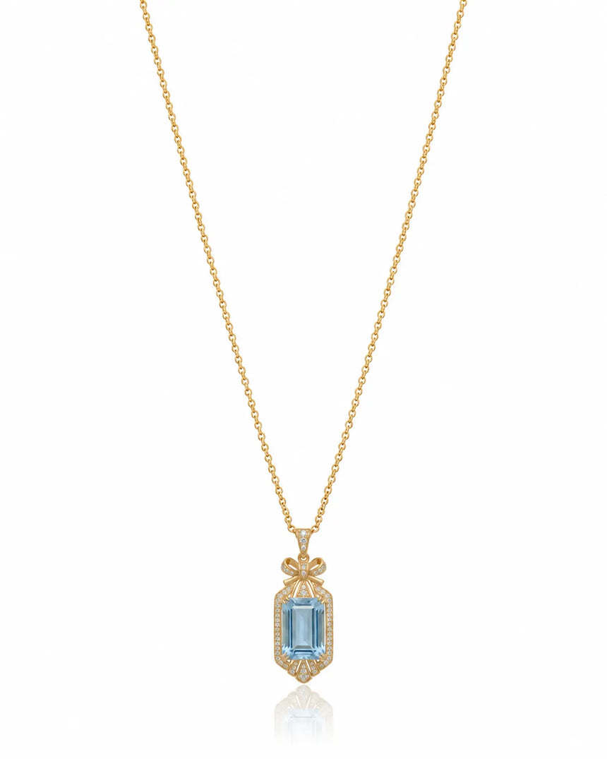 ELISARA emerald cut Aquamarine vintage bow diamond necklace setting in Yellow Gold front view | SARATTI