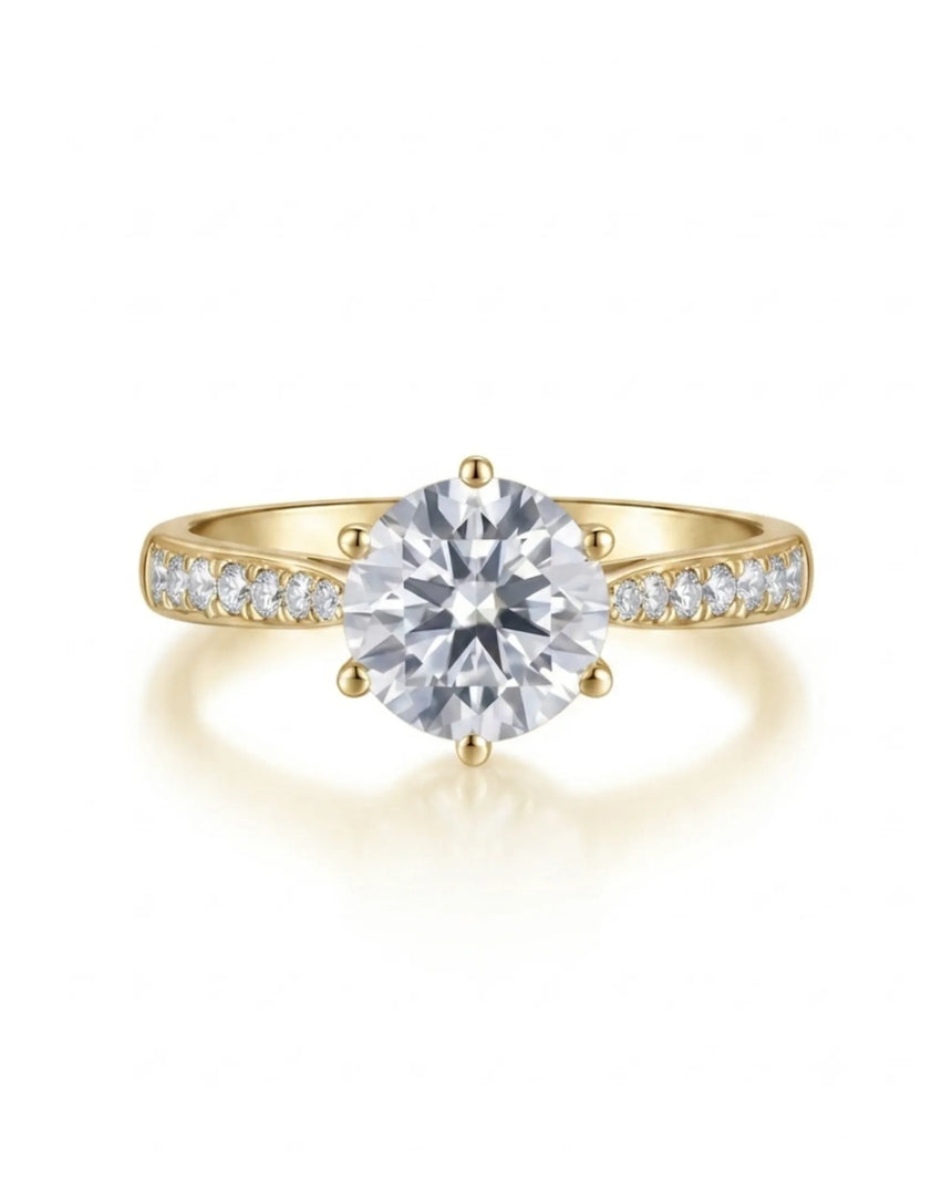 Classic round moissanite ring with polished band and pavé accents in yellow gold | SARATTI
