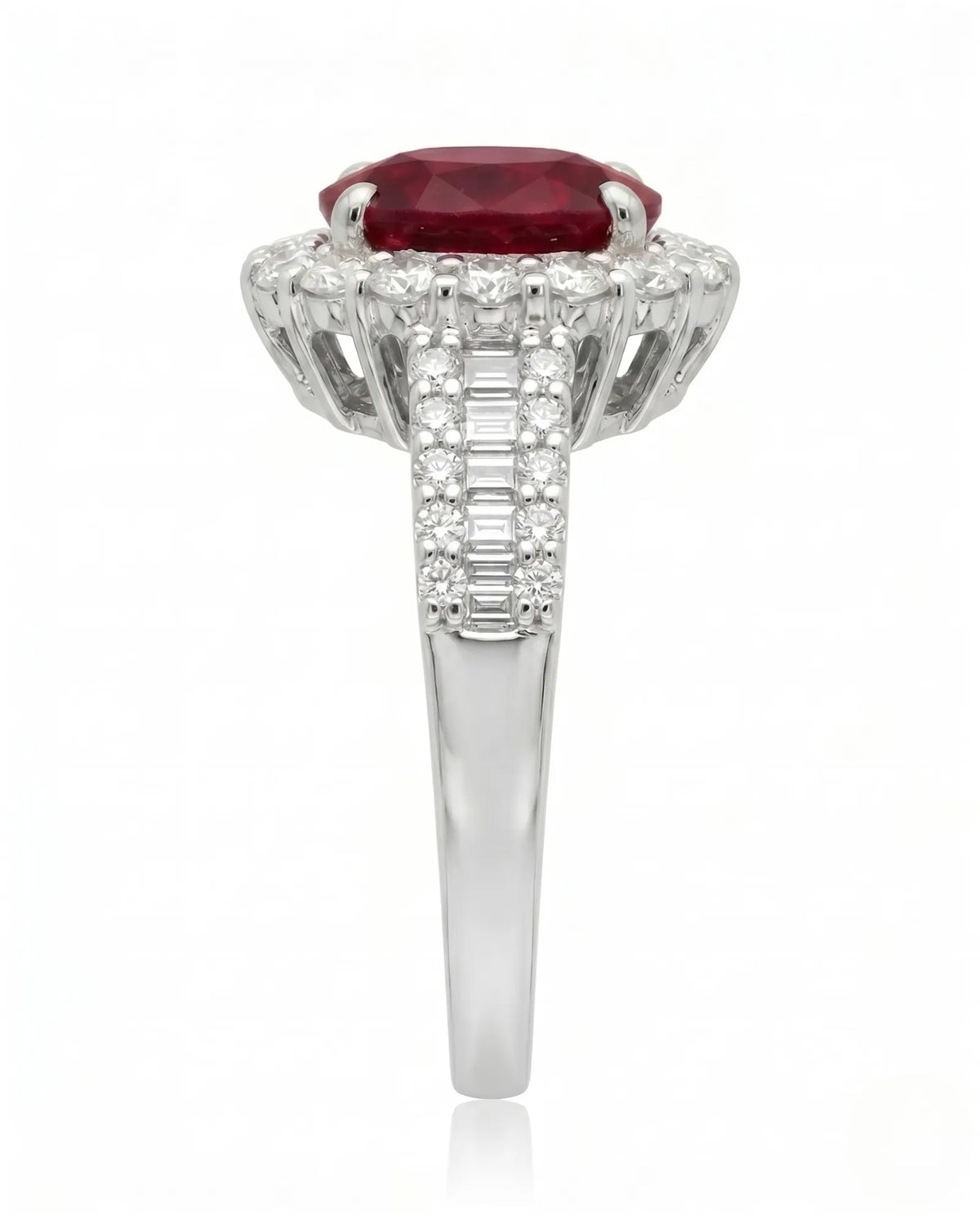 Classic ruby ring with round diamond halo and baguette accents in platinum | SARATTI