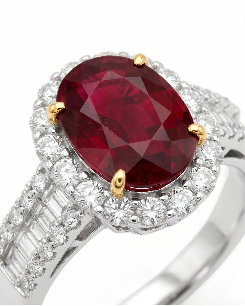 Classic ruby ring with round diamond halo and baguette accents two tone | SARATTI