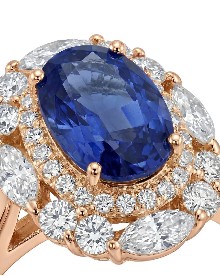 Classic sapphire halo ring with romantic diamond frame in 18K rose gold | SARATTI