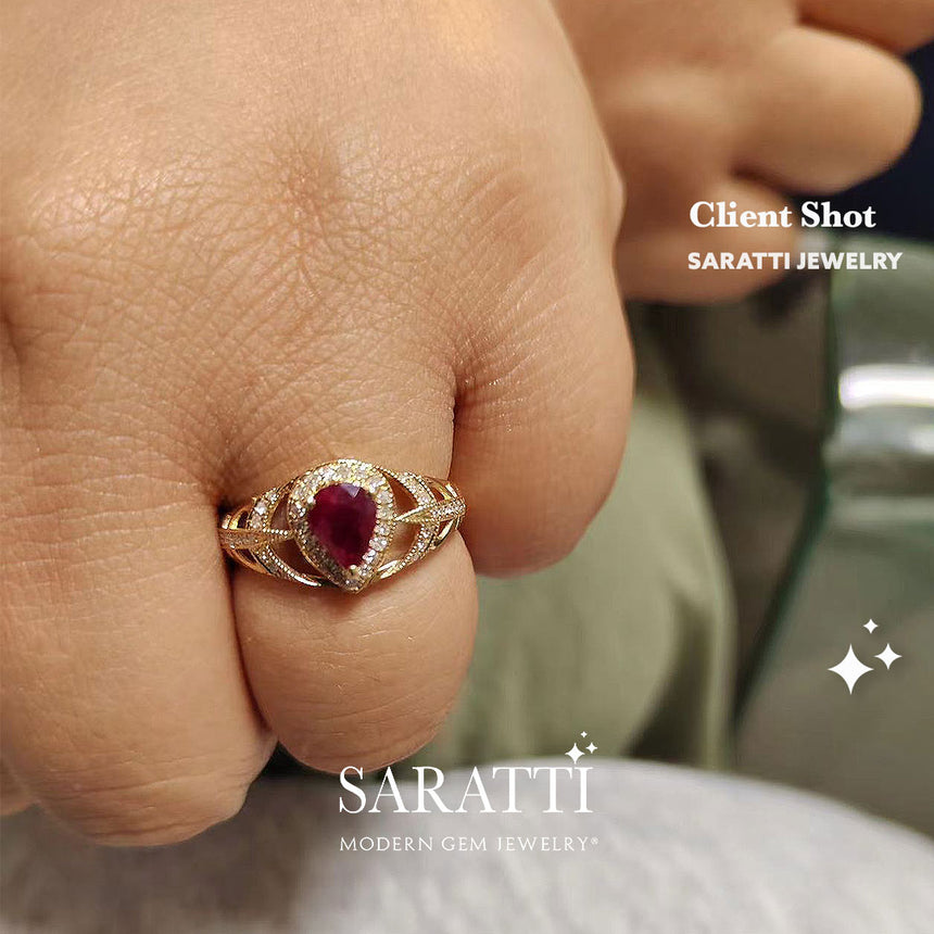 Client Cam - Pear Cut Pigeon Blood Natural Ruby Ring in 18K Rose Gold | Saratti