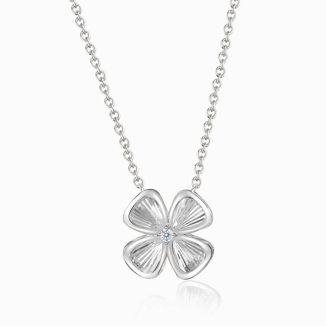 18K White Gold Four Leaf Good Luck Diamond Drop Necklace | Saratti