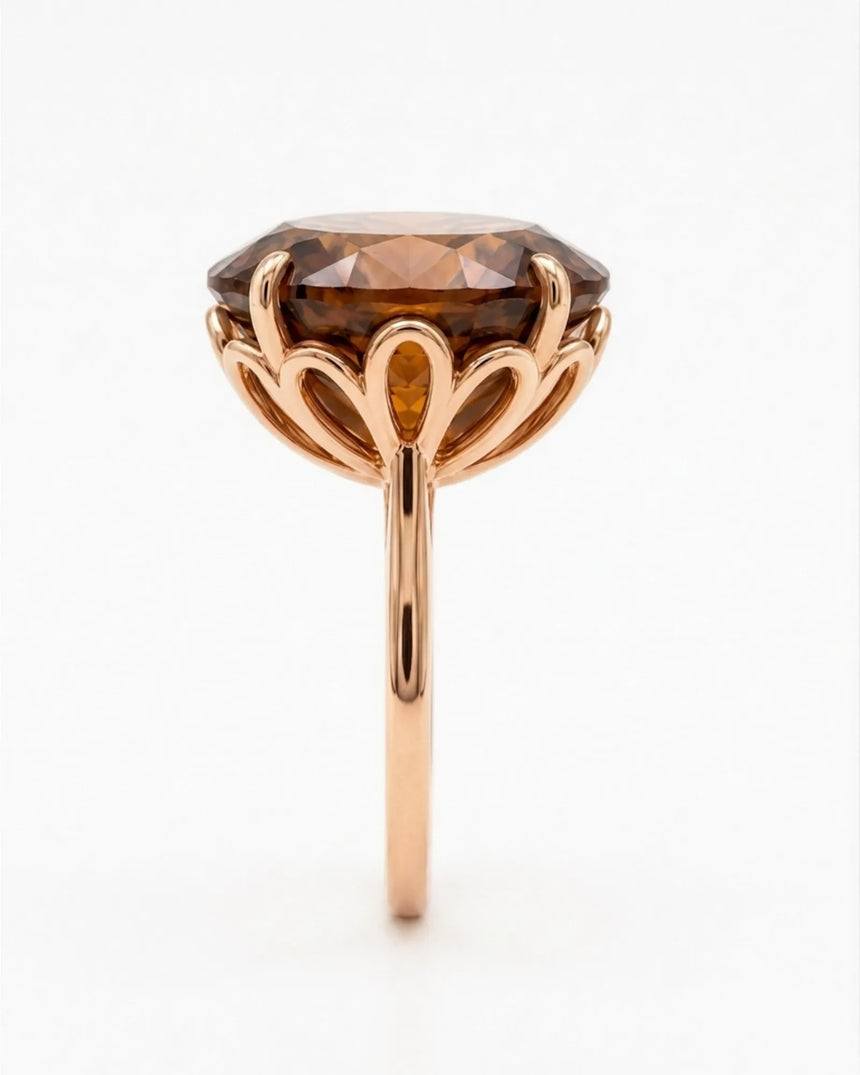 Cognac Imperial Topaz engagement ring featuring an oval center and six-petal 18K rose gold setting - SARATTI