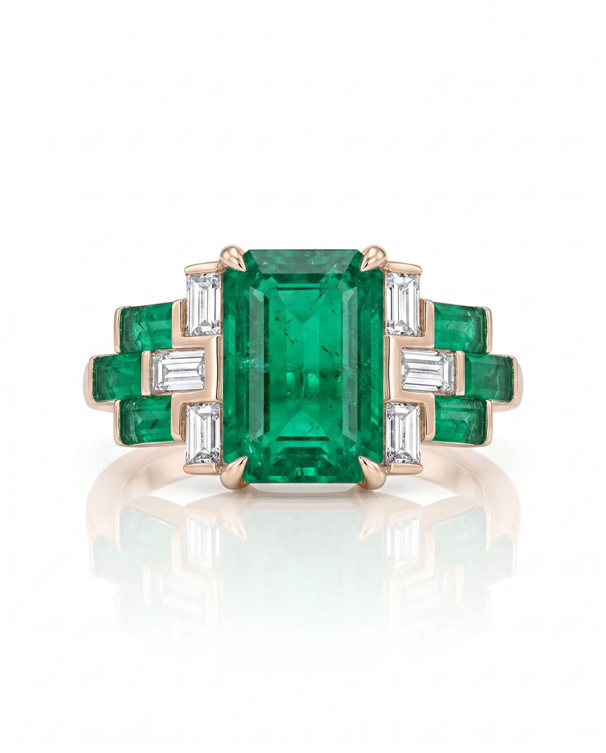 Colombian emerald style geometric promise ring with diamond accents in 18K Rose Gold | SARATTI