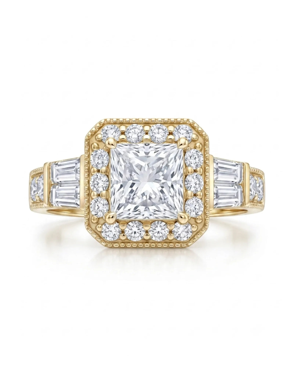Colorless princess-cut moissanite surrounded by round accents and yellow gold detailing | SARATTI