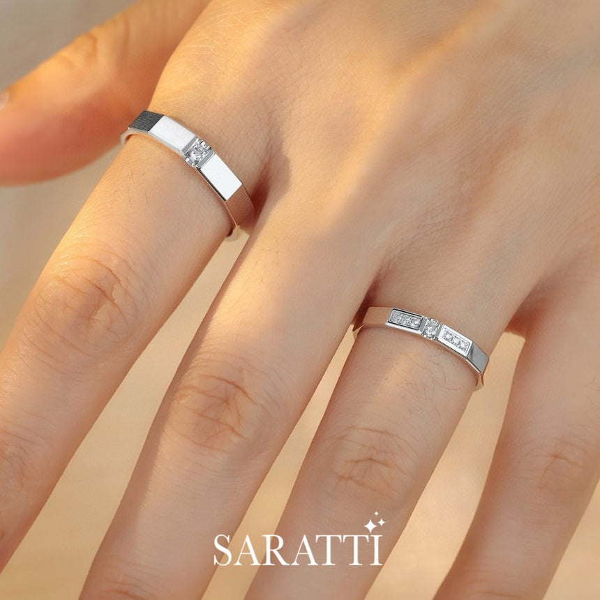 Matching His and Hers Wedding Ring Set bands in 18K White Gold With Natural Diamonds | Saratti