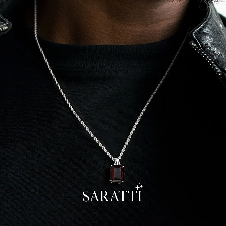 White Gold Natural Garnet Necklace - Crimson Knight Garnet Necklace - SARATTI