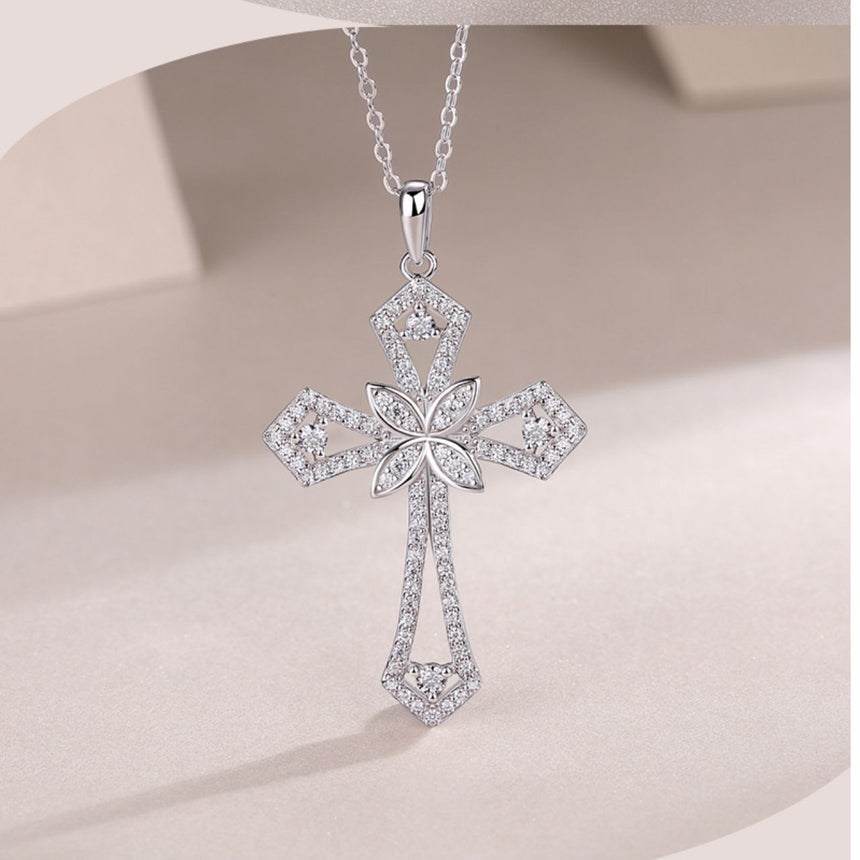 Sacred Ascent: Intricate Silver Moissanite Cross Pendant