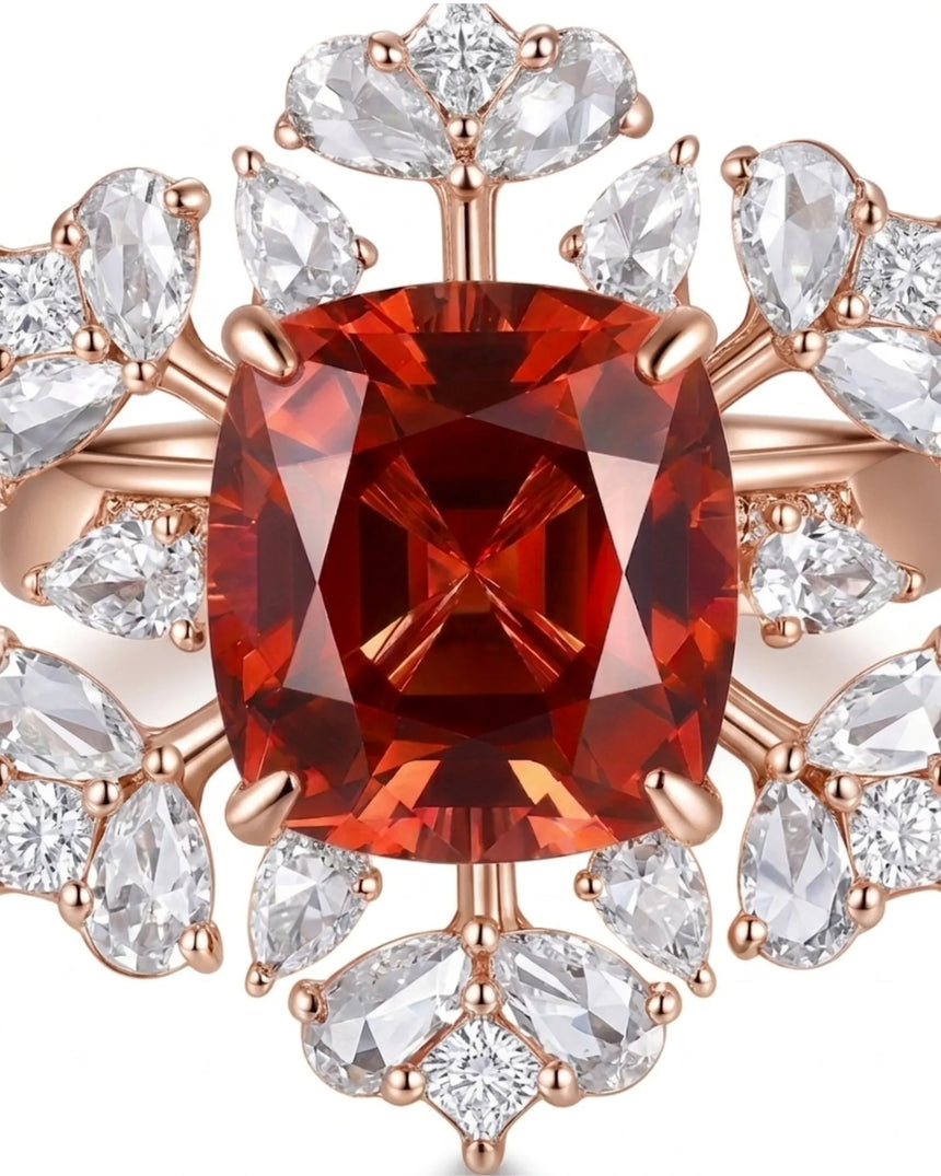 Cushion-cut red tourmaline ring with sculptural diamond accents in 18K rose gold | SARATTI
