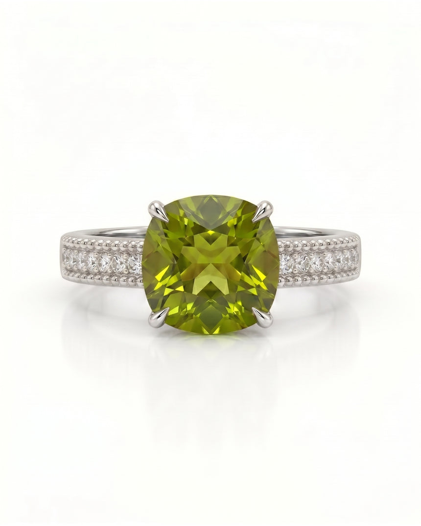 Cushion-cut tourmaline diamond accent ring with structured band in polished Platinum | SARATTI