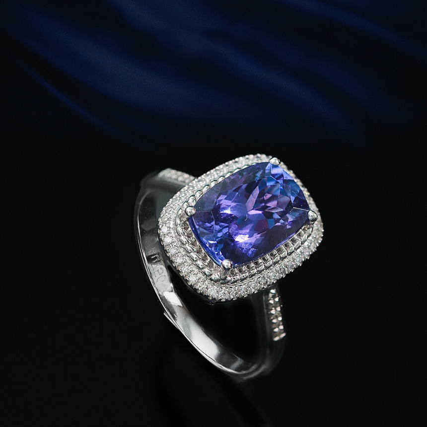 Cushion Cut Tanzanite Halo Ring in 18K White Gold | SARATTI