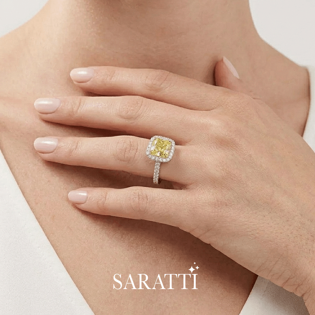 Cushion Cut Tiffany Inspired Fancy Yellow Diamond Engagement Ring in White Gold - SARATTI
