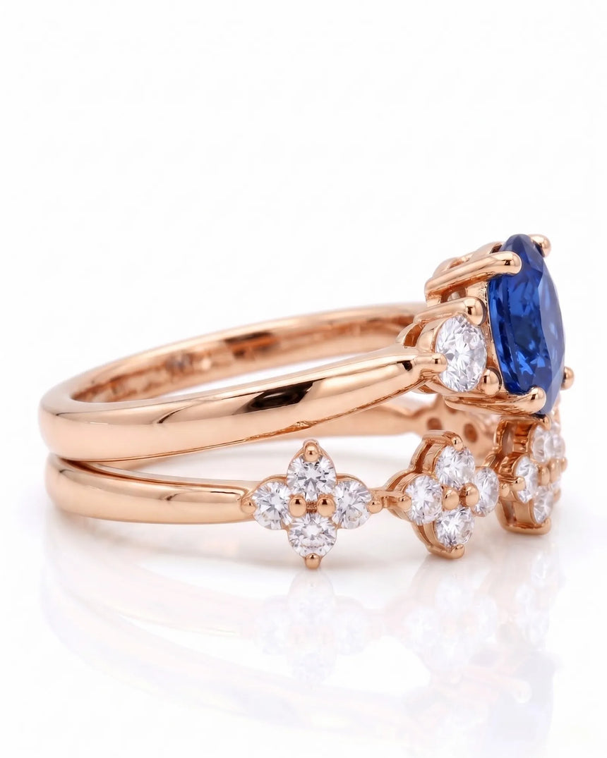 Cushion blue sapphire ring with diamond side stones and matching band in 18K rose gold | SARATTI