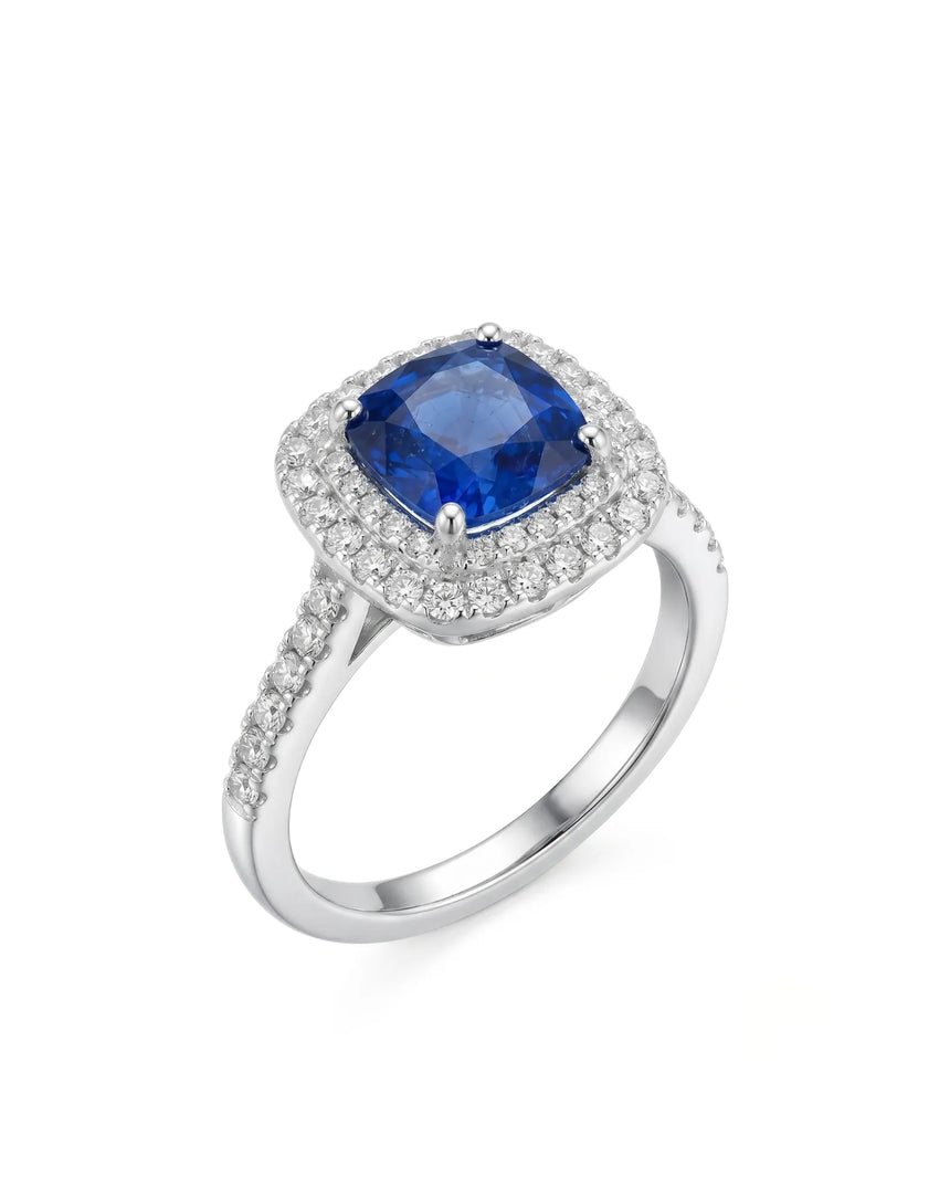 Cushion blue sapphire ring with double diamond halo in polished platinum | SARATTI