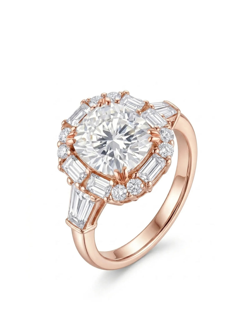 Cushion cut moissanite engagement ring with baguette halo and round accents in 18K rose gold | SARATTI