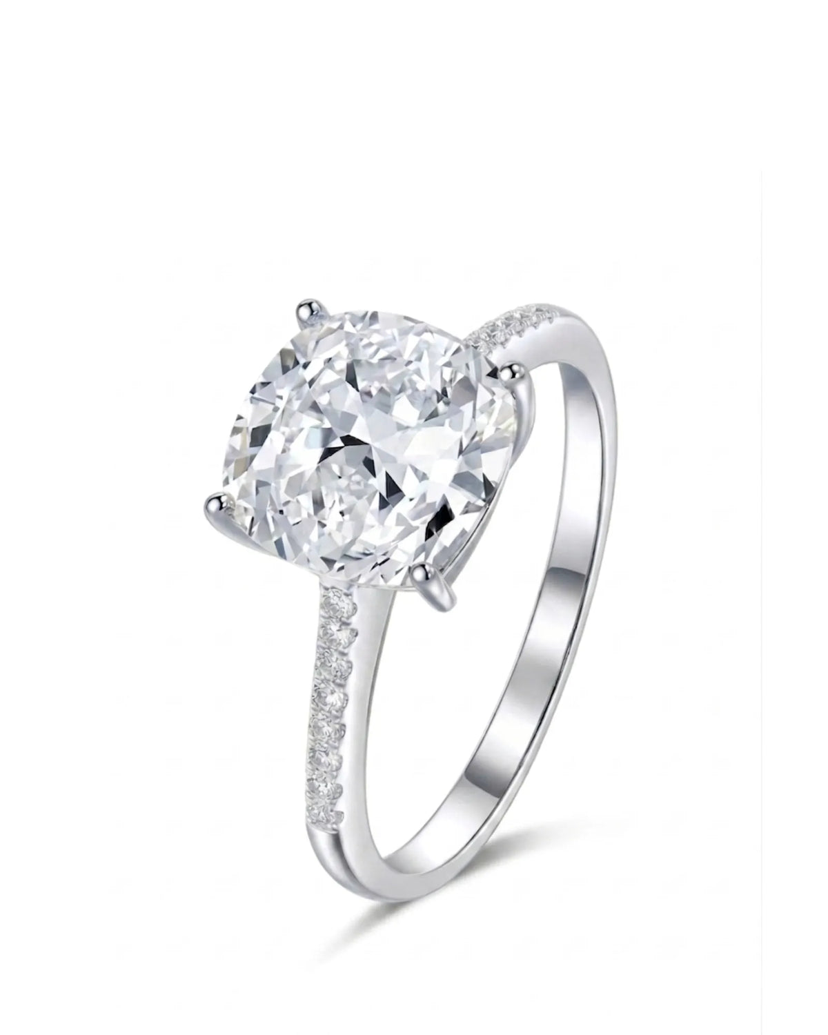 Cushion cut moissanite engagement ring with pavé side stones in platinum | SARATTI